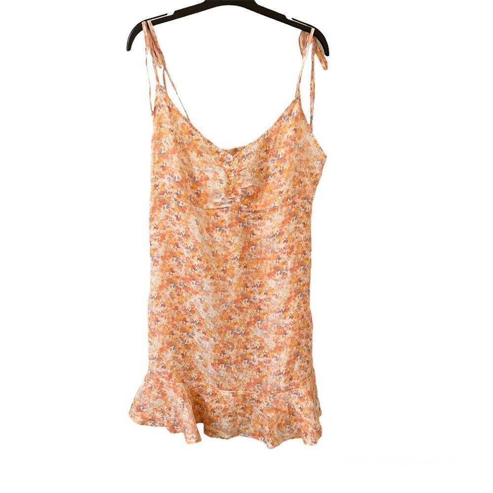 Cloth & Stone Linen Smocked Mini Dress Floral Ruffle L NWT - Picture 3 of 6